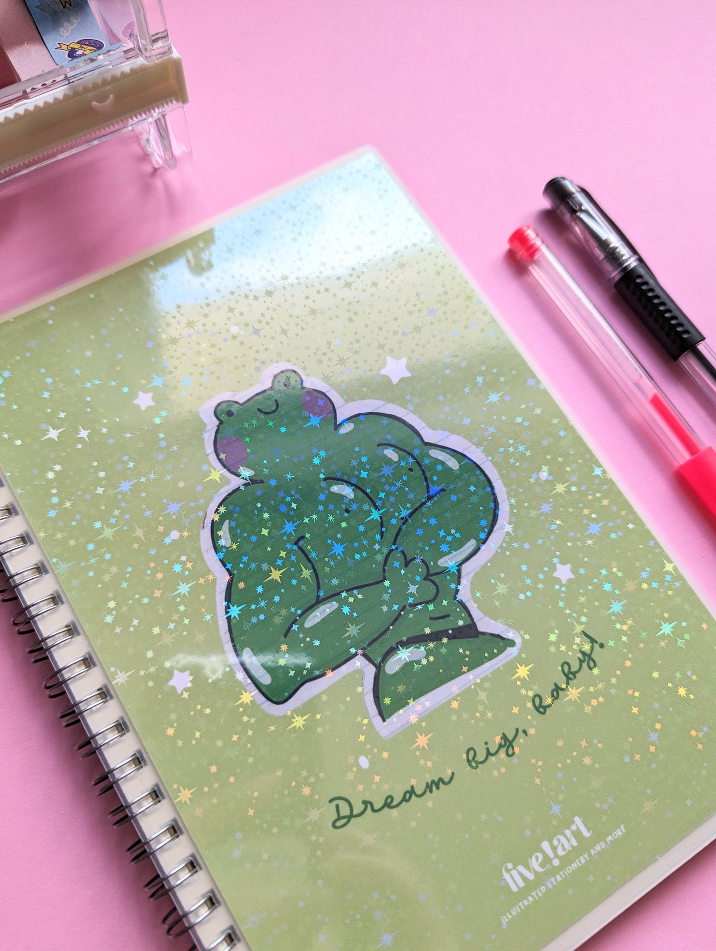 BUFF FROG NOTEBOOK holographic cover, spiral notebook to-do list lined paper journal with elastic.