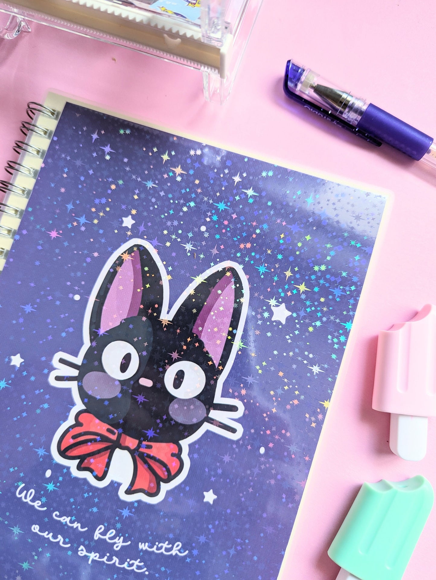 STUDIO GHIBLI JIJI notebook holographic cover, spiral notebook to-do list lined paper journal/ Jiji sketchbook from Kiki's delivery service.