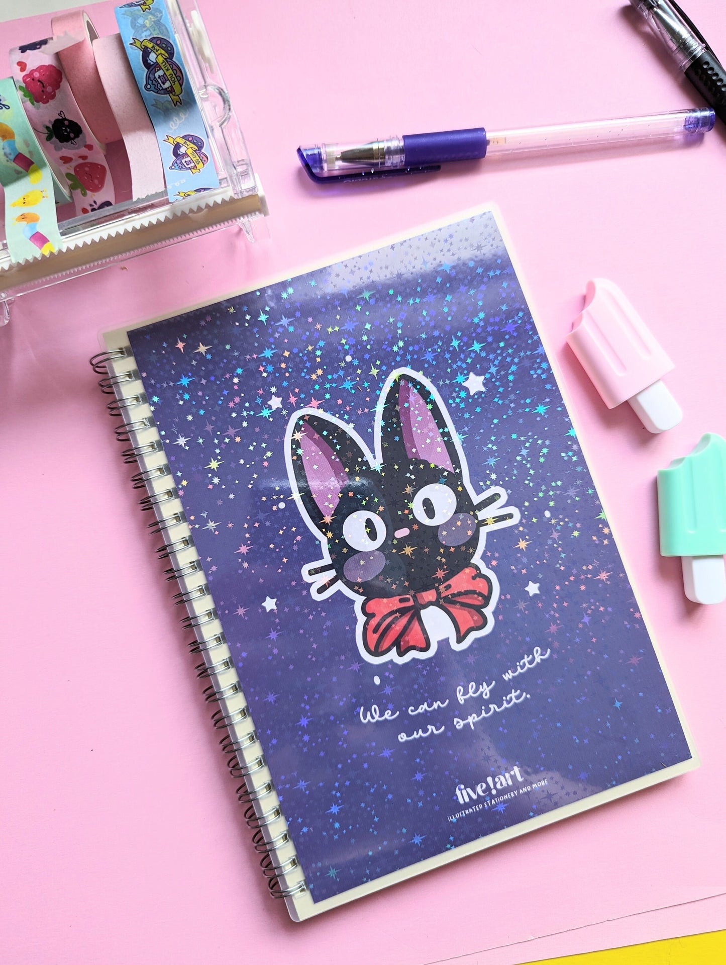 STUDIO GHIBLI JIJI notebook holographic cover, spiral notebook to-do list lined paper journal/ Jiji sketchbook from Kiki's delivery service.