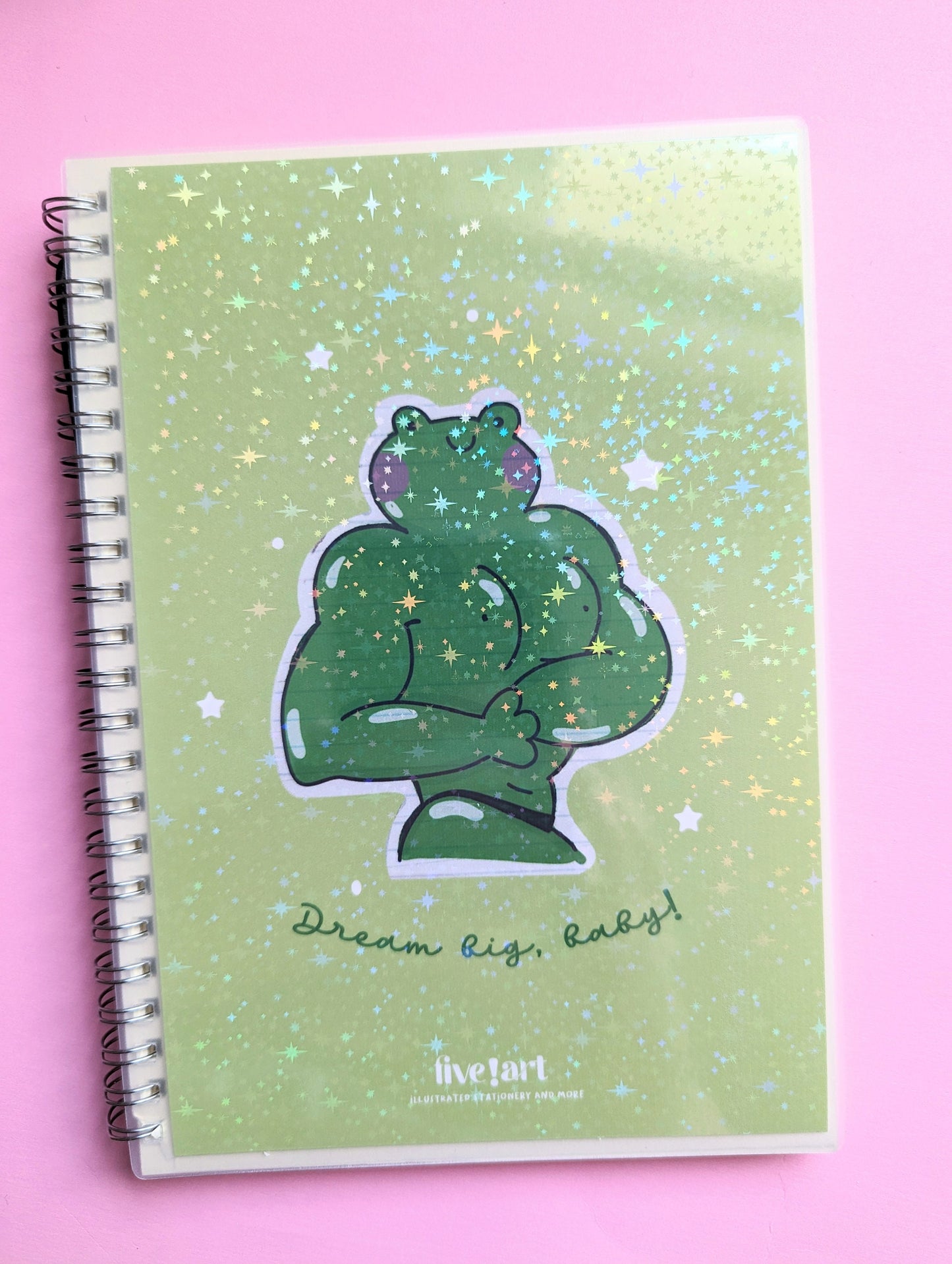 BUFF FROG NOTEBOOK holographic cover, spiral notebook to-do list lined paper journal with elastic.