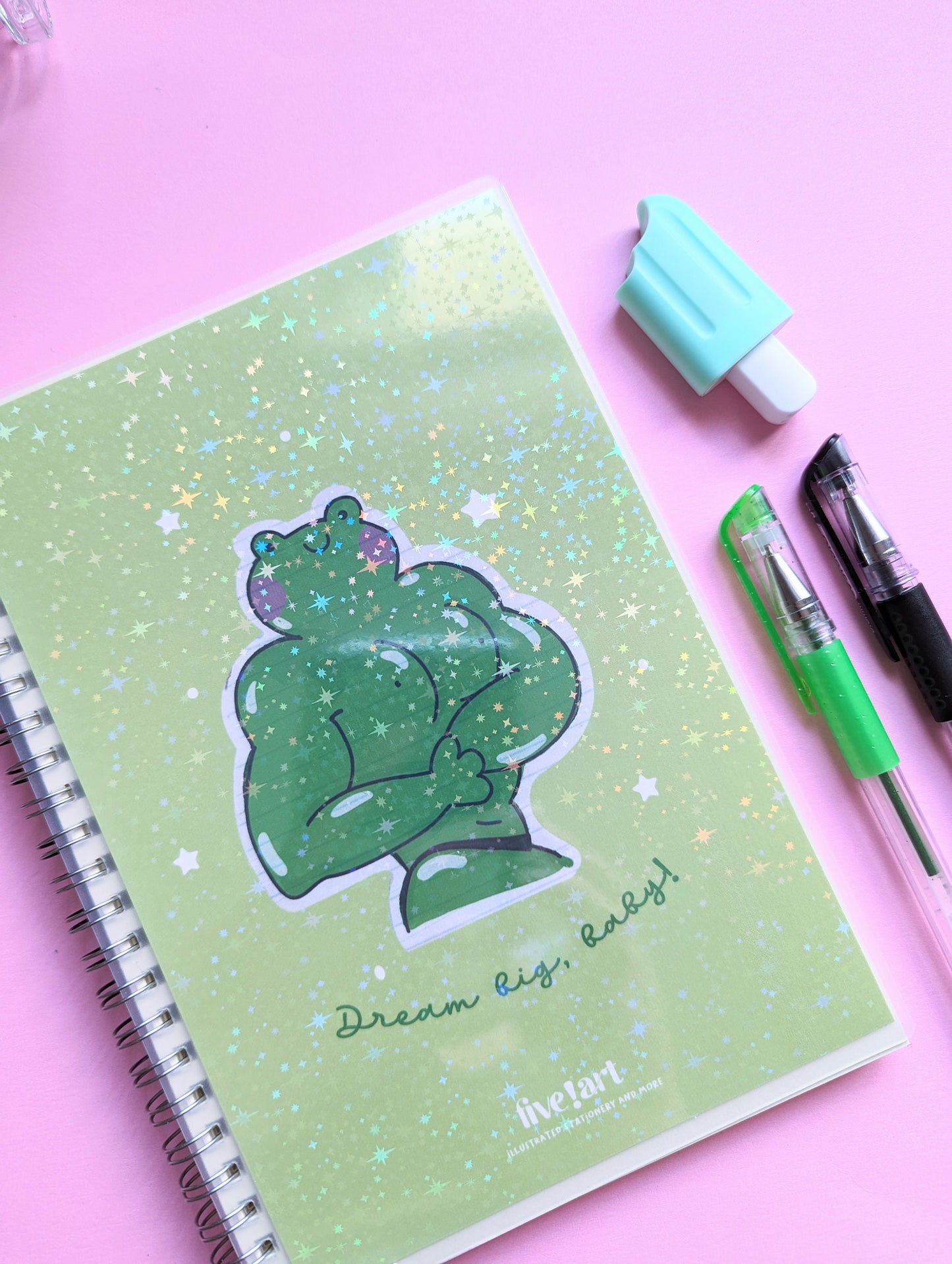 BUFF FROG NOTEBOOK holographic cover, spiral notebook to-do list lined paper journal with elastic.