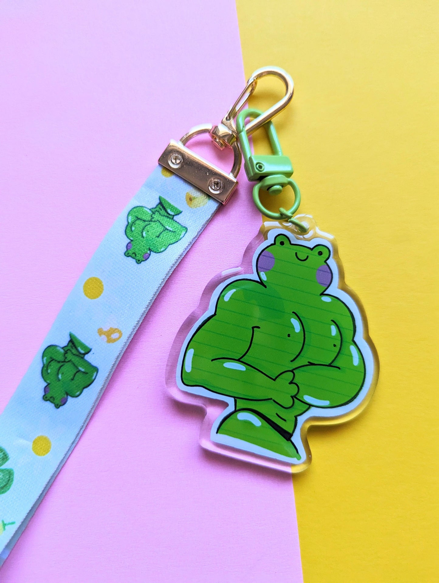 BUFF FROG  KEYCHAIN wrist lanyard. Kawaii Buff frong, cute strong, muscle frog acrylic lanyard keychain.