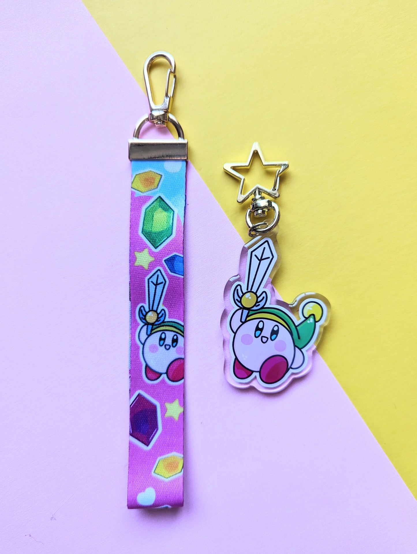 KIRBY LINK  KEYCHAIN wrist lanyard. Kawaii Kirby link from zelda, Gamer acrylic lanyard keychain.