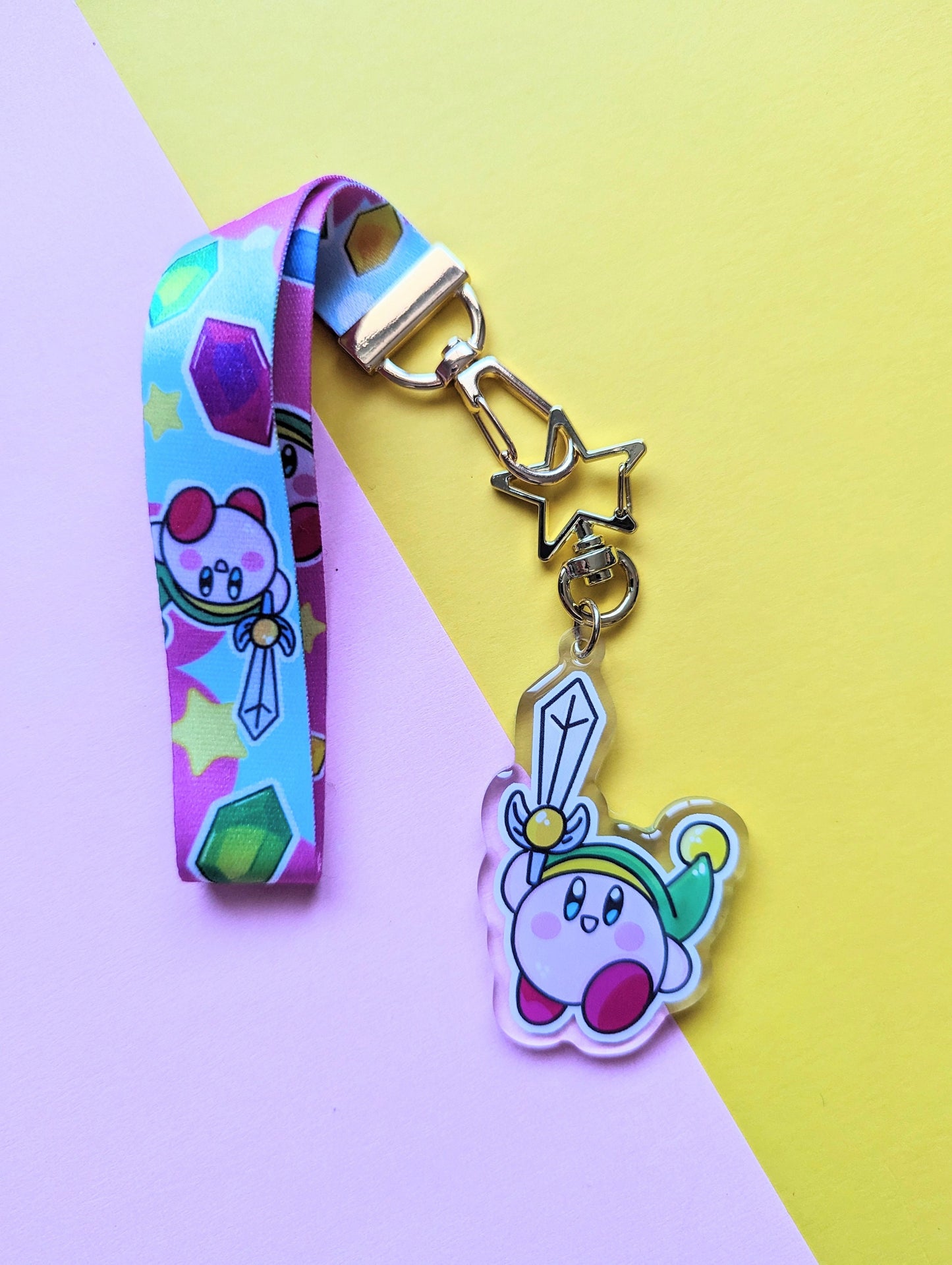 KIRBY LINK  KEYCHAIN wrist lanyard. Kawaii Kirby link from zelda, Gamer acrylic lanyard keychain.