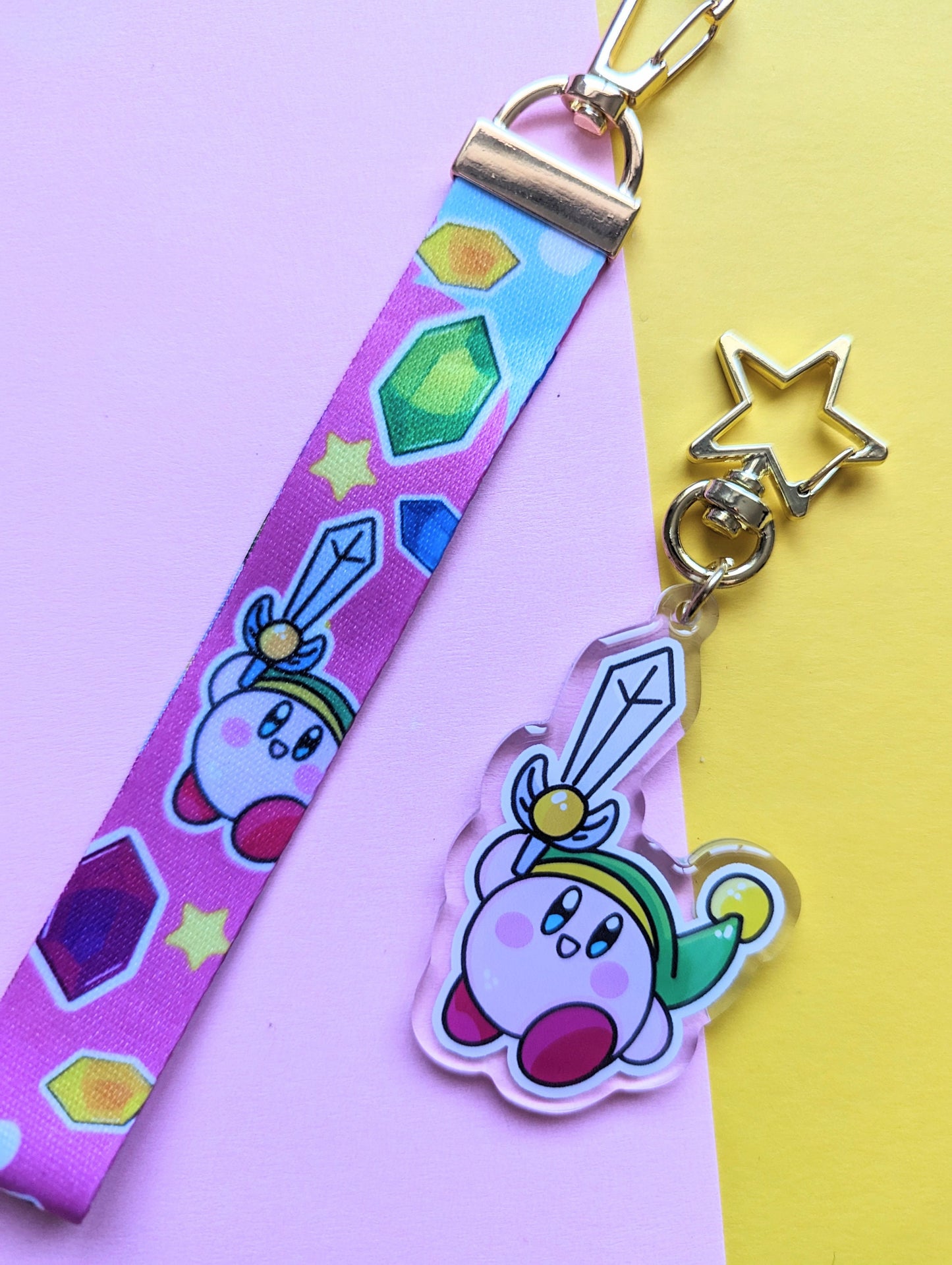 KIRBY LINK  KEYCHAIN wrist lanyard. Kawaii Kirby link from zelda, Gamer acrylic lanyard keychain.