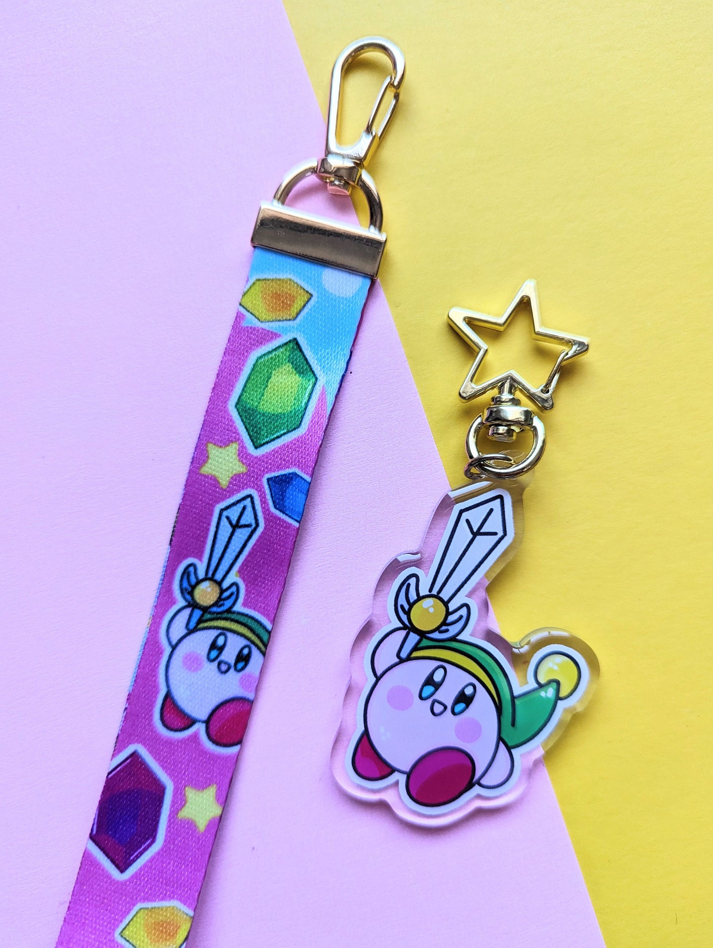 KIRBY LINK  KEYCHAIN wrist lanyard. Kawaii Kirby link from zelda, Gamer acrylic lanyard keychain.