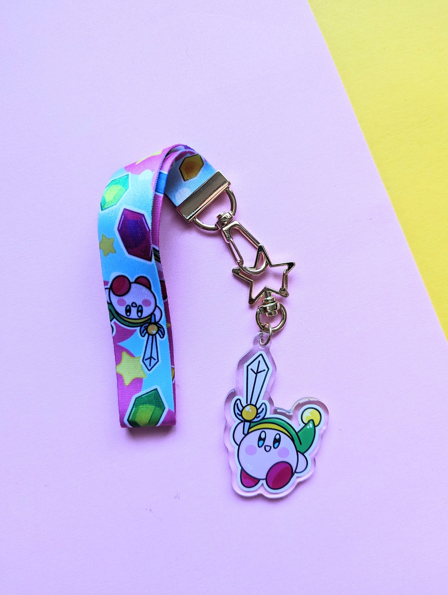 KIRBY LINK  KEYCHAIN wrist lanyard. Kawaii Kirby link from zelda, Gamer acrylic lanyard keychain.