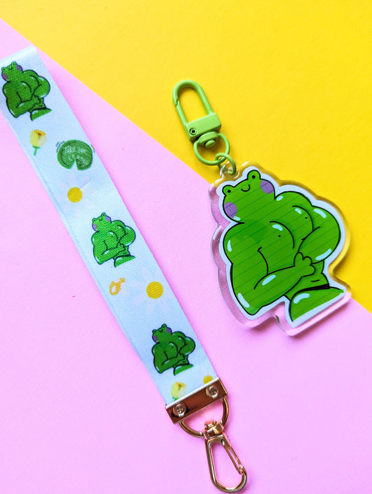 BUFF FROG  KEYCHAIN wrist lanyard. Kawaii Buff frong, cute strong, muscle frog acrylic lanyard keychain.