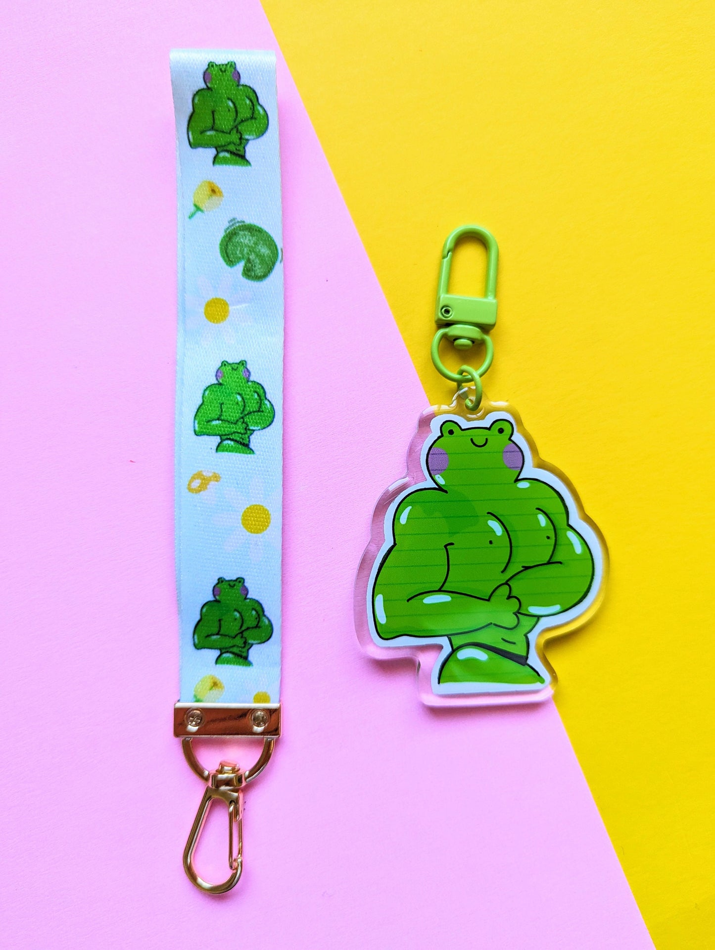 BUFF FROG  KEYCHAIN wrist lanyard. Kawaii Buff frong, cute strong, muscle frog acrylic lanyard keychain.