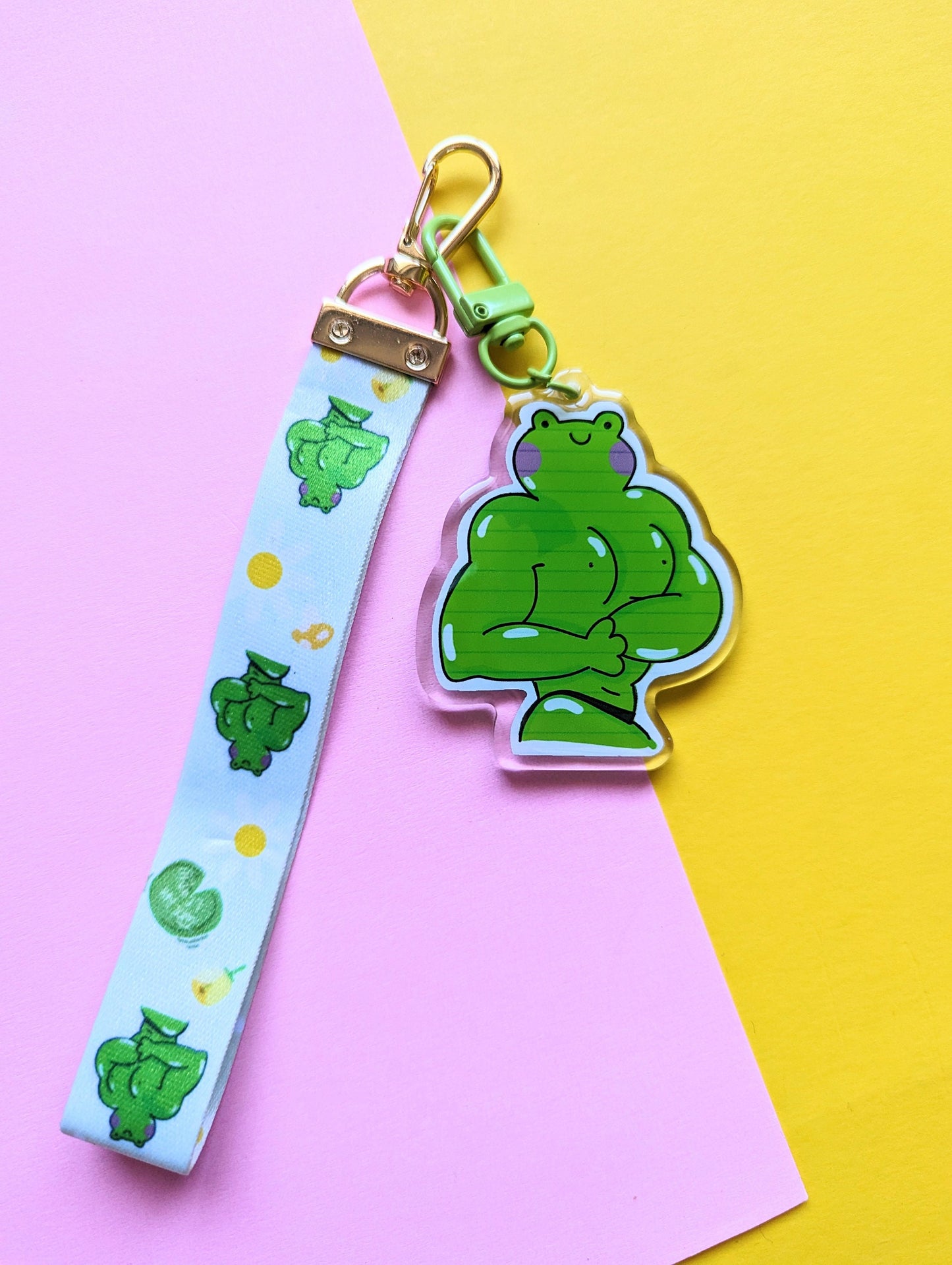 BUFF FROG  KEYCHAIN wrist lanyard. Kawaii Buff frong, cute strong, muscle frog acrylic lanyard keychain.