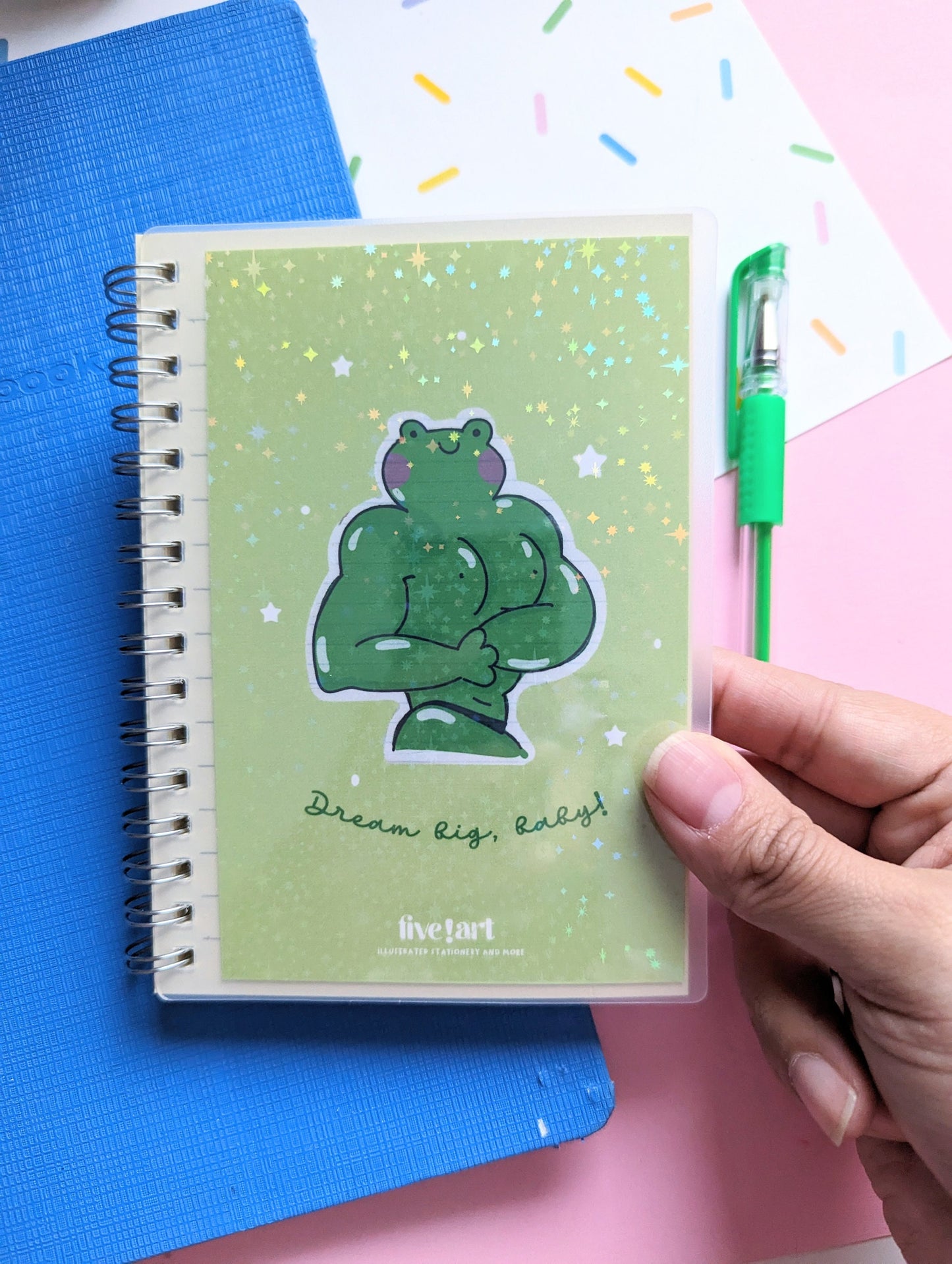 BUFF FROG mini NOTEBOOK A6 holographic cover, spiral notebook to-do list lined paper journal with elastic.