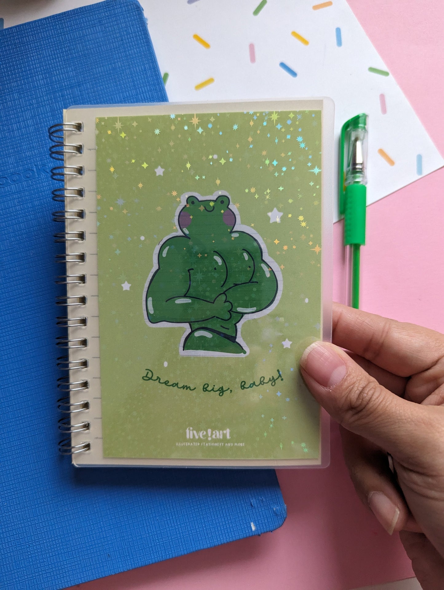 BUFF FROG mini NOTEBOOK A6 holographic cover, spiral notebook to-do list lined paper journal with elastic.