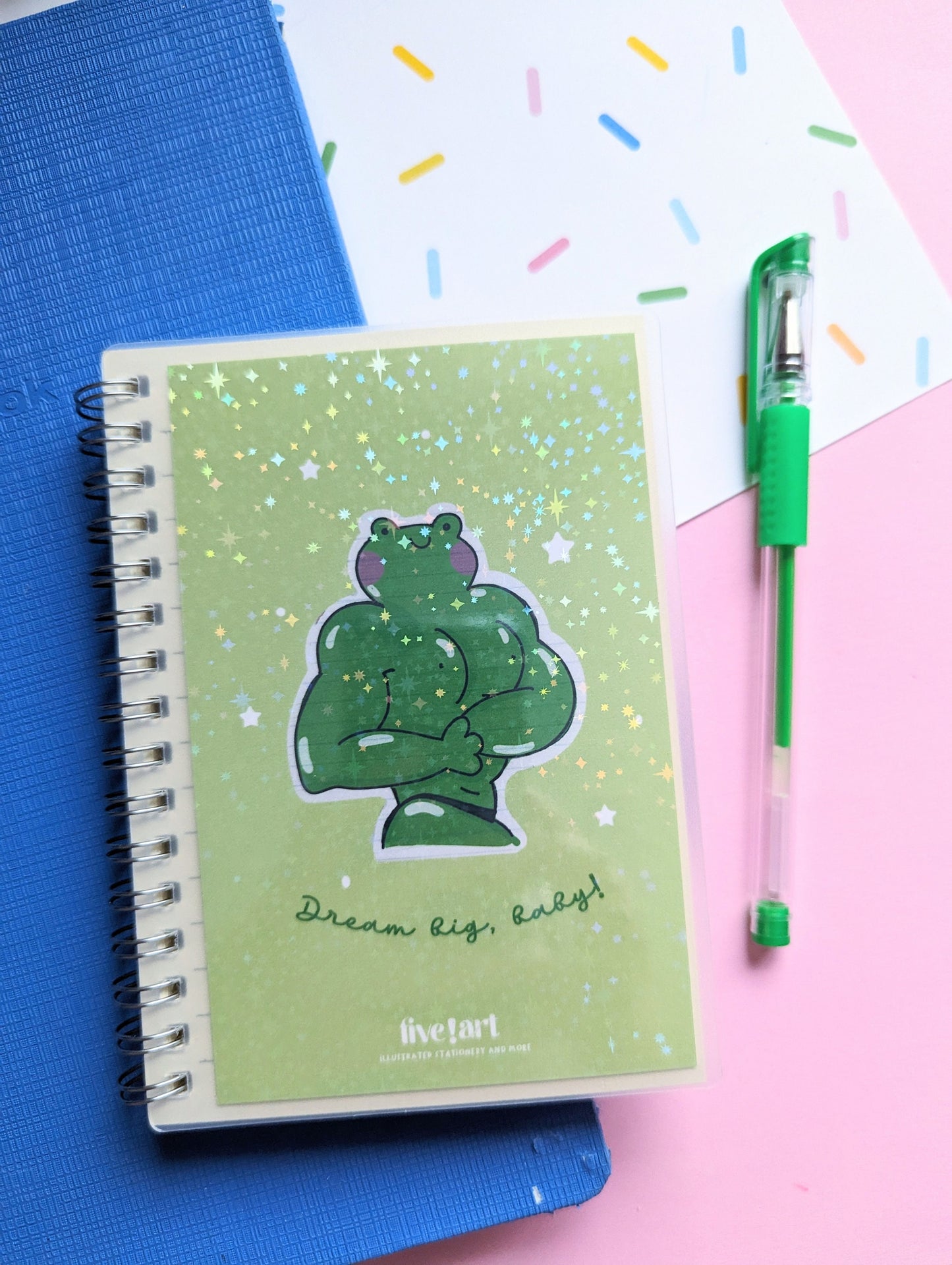 BUFF FROG mini NOTEBOOK A6 holographic cover, spiral notebook to-do list lined paper journal with elastic.