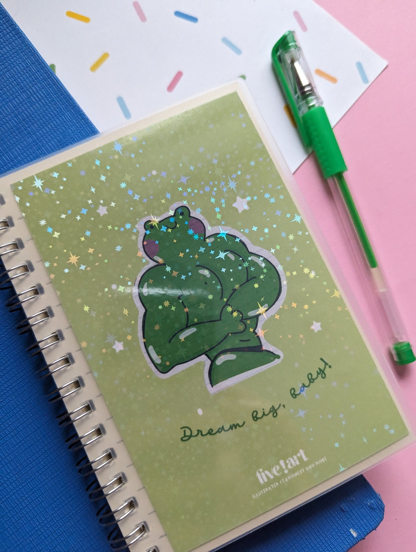 BUFF FROG mini NOTEBOOK A6 holographic cover, spiral notebook to-do list lined paper journal with elastic.