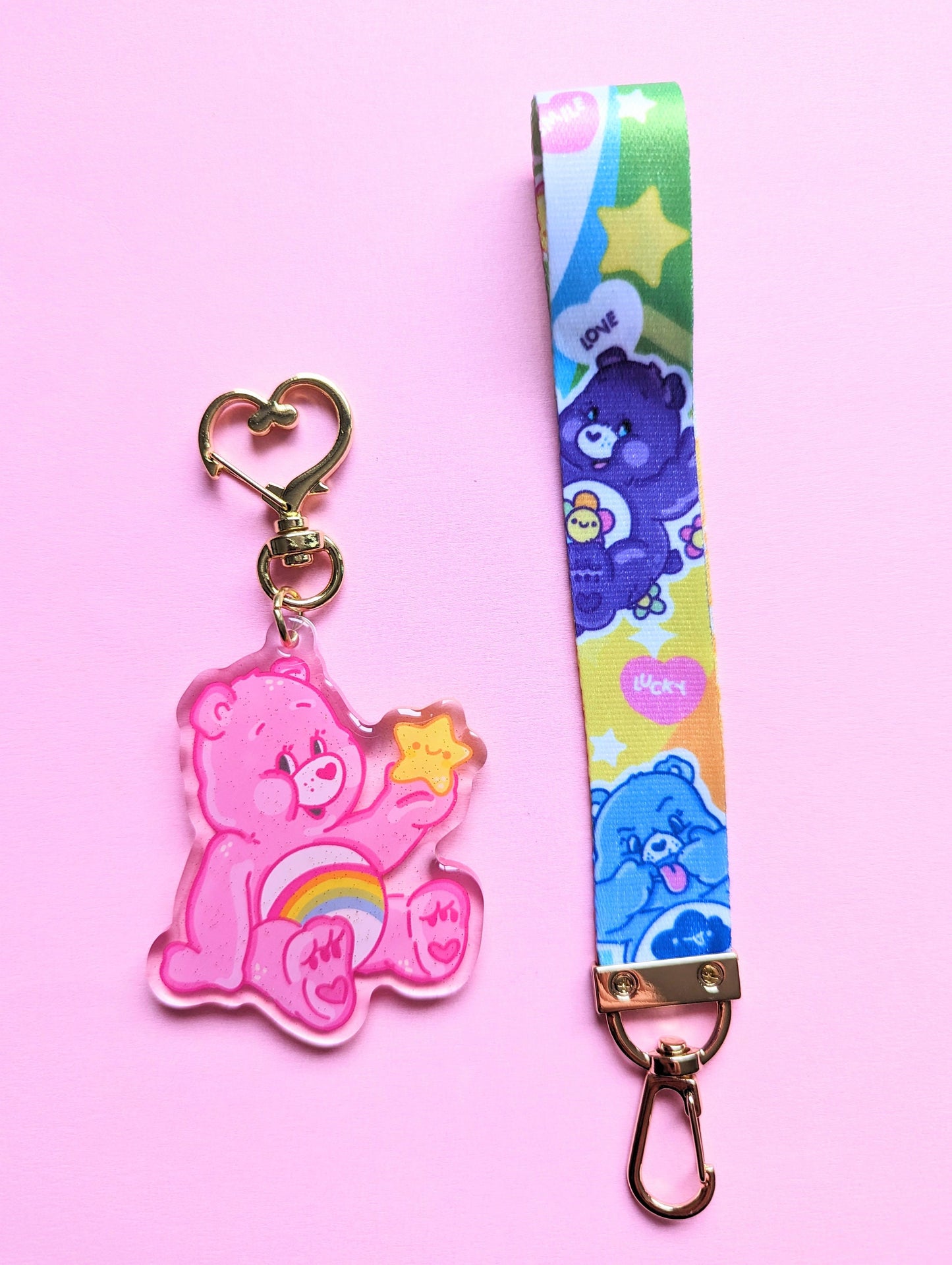 CARE BEARS KEYCHAIN wrist lanyard. Kawaii Kirby pink care bear, Gamer acrylicwitj glitter charm lanyard keychain.