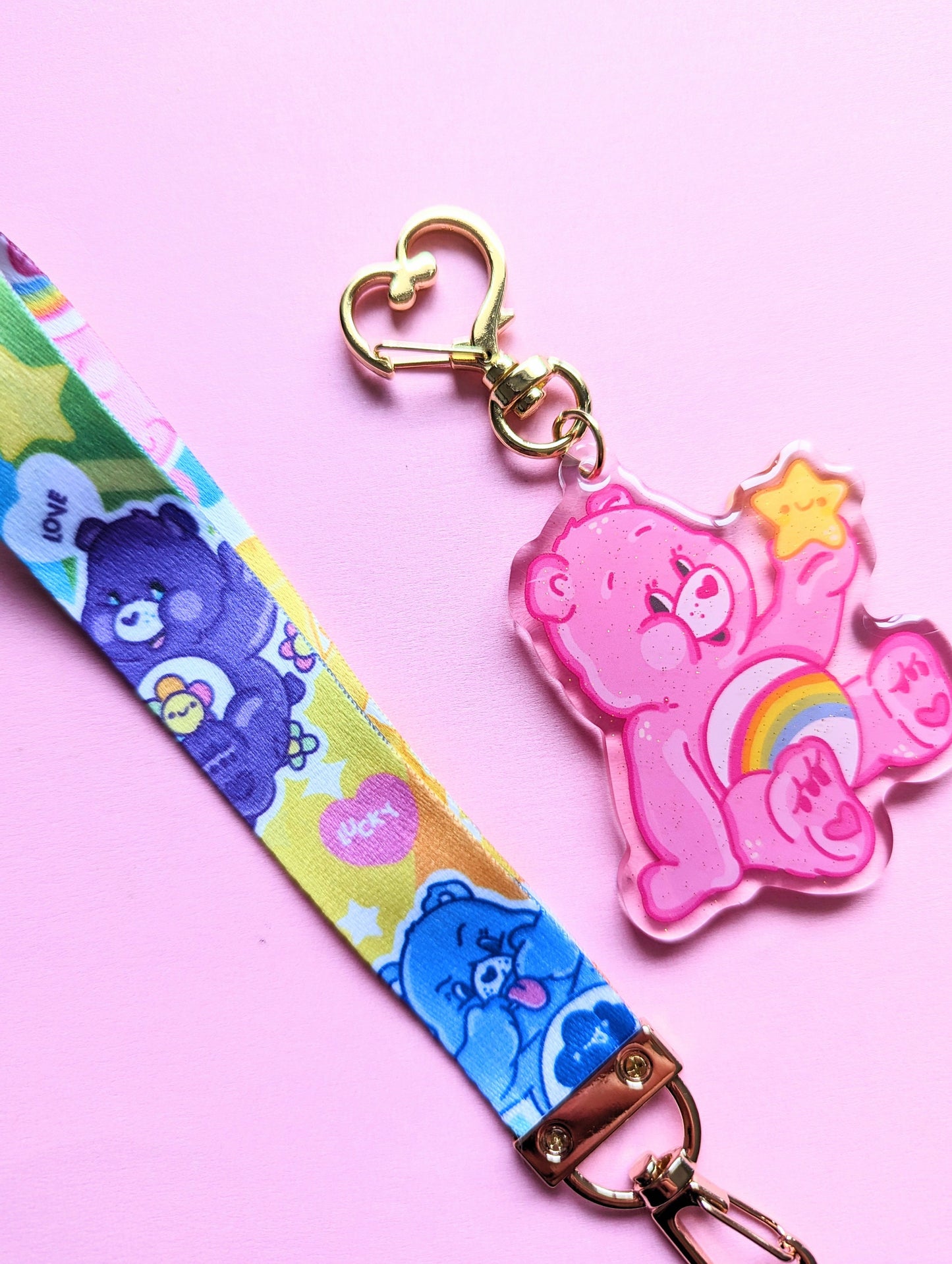 CARE BEARS KEYCHAIN wrist lanyard. Kawaii Kirby pink care bear, Gamer acrylicwitj glitter charm lanyard keychain.