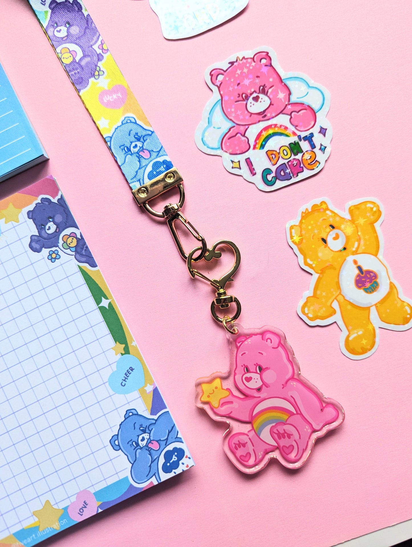 CARE BEARS KEYCHAIN wrist lanyard. Kawaii Kirby pink care bear, Gamer acrylicwitj glitter charm lanyard keychain.