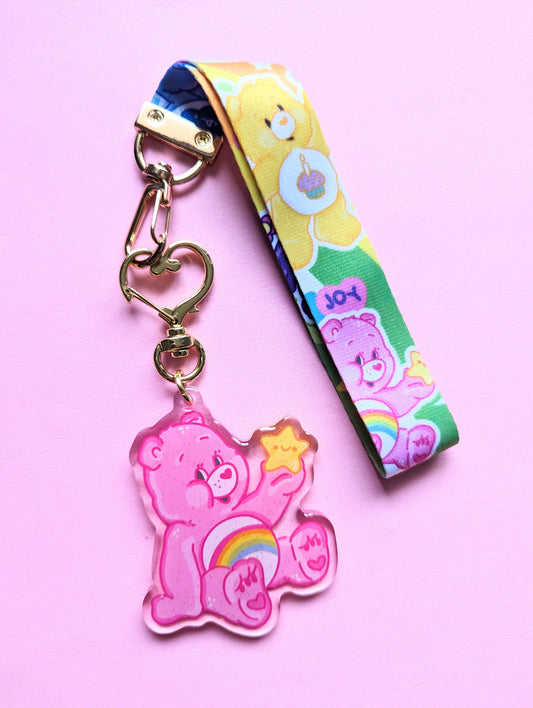 CARE BEARS KEYCHAIN wrist lanyard. Kawaii Kirby pink care bear, Gamer acrylicwitj glitter charm lanyard keychain.